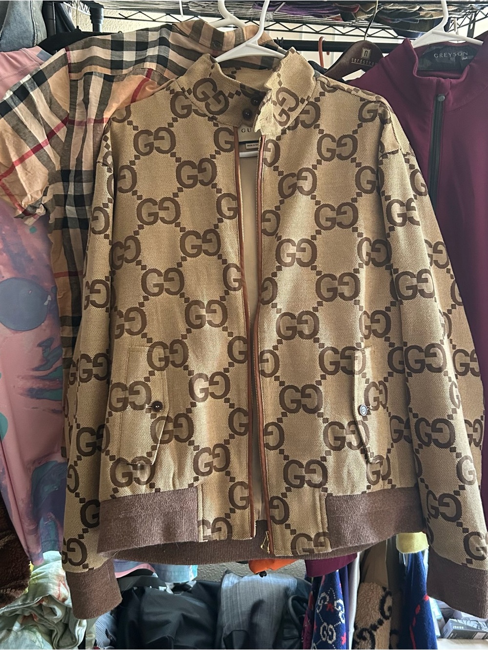 Gucci mens ebony camel GG Logo Bomber Jacket monogram beige size 48